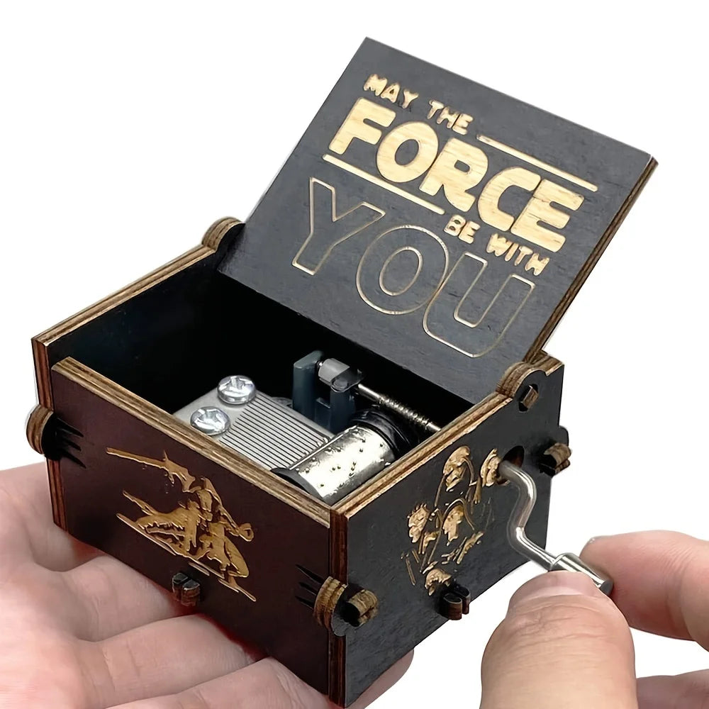 May the force be with you Music Box Black Wooden Antique Carved Hand Cranked Classic Theme Music for Birthday Christmas Gifts Family Decoration